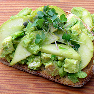 Grilled chicken, avocado and fresh pear toast