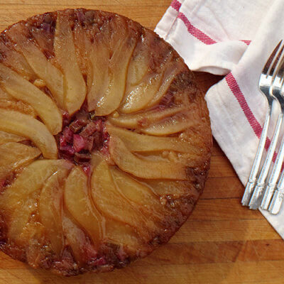 Pear and rhubarb upside down cornmeal cake