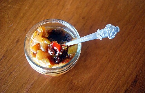 pretty diced pear and apple chutney in a jar