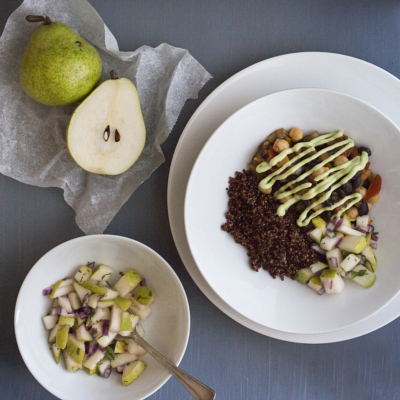 Vegetarian taco bowls with pear salsa and avocado creme